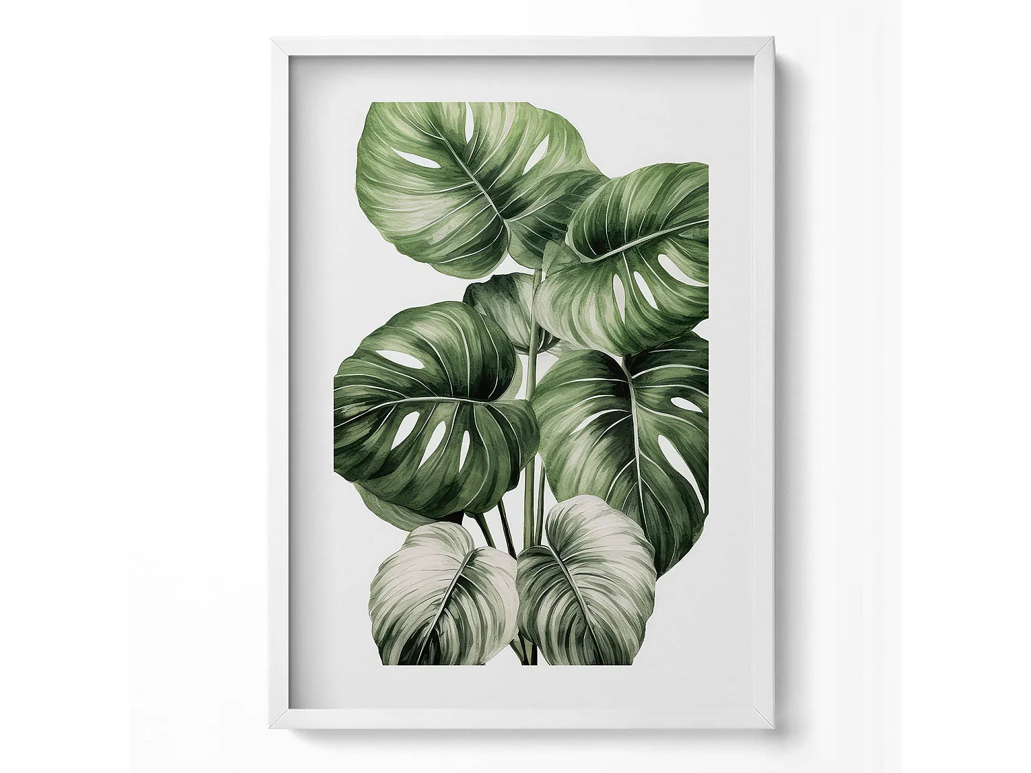 Decoratief schilderij met witte lijst, Geschilderde monsterabladeren 50 x 70 cm – Perfect voor de woon- of slaapkamer