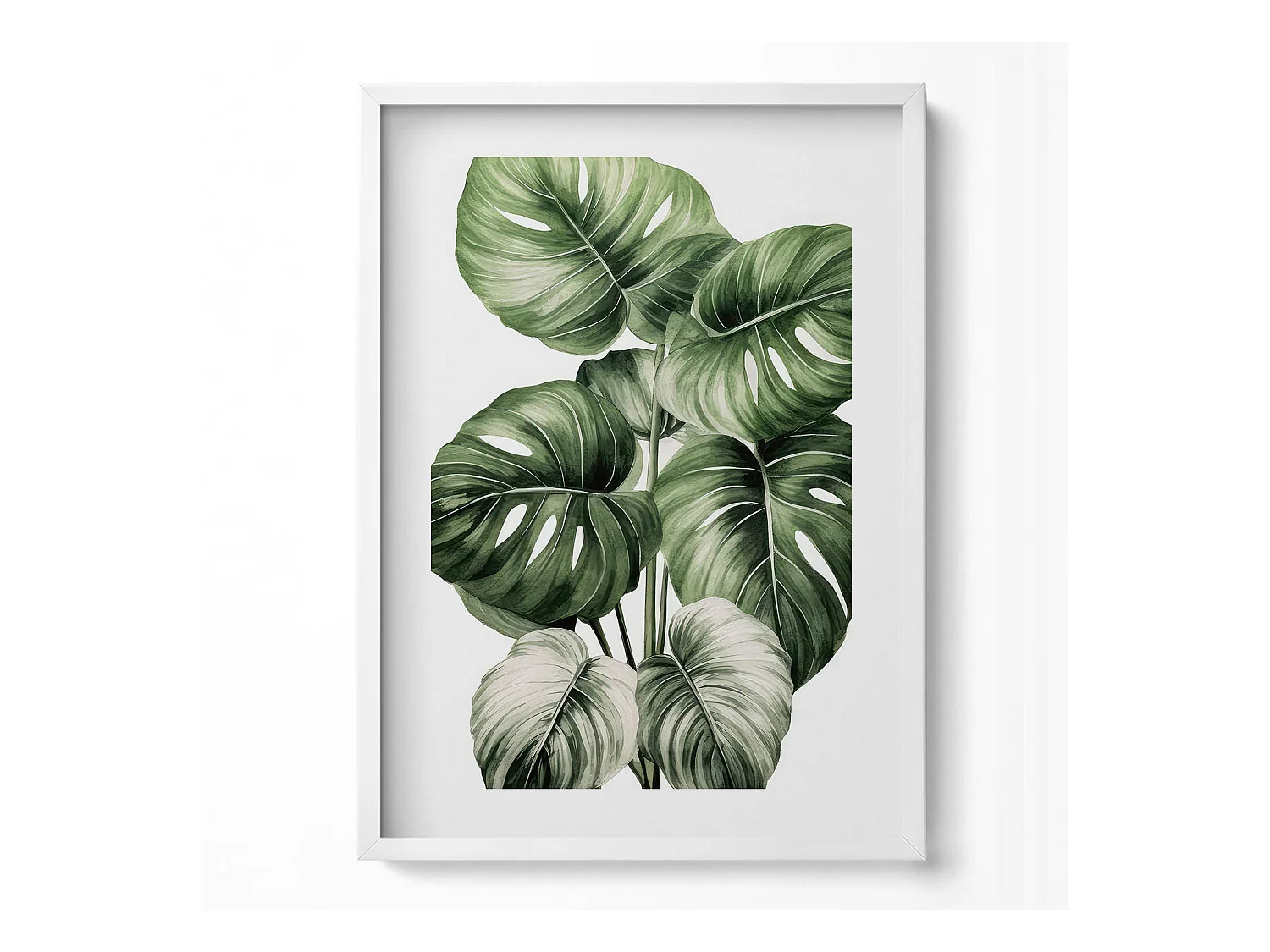 Tableau décoratif avec cadre blanc, Feuilles de monstera peintes 50 x 70 cm– Parfait pour le salon ou la chambre