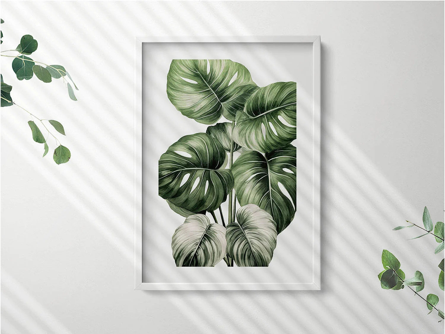 Tableau décoratif avec cadre blanc, Feuilles de monstera peintes 50 x 70 cm– Parfait pour le salon ou la chambre
