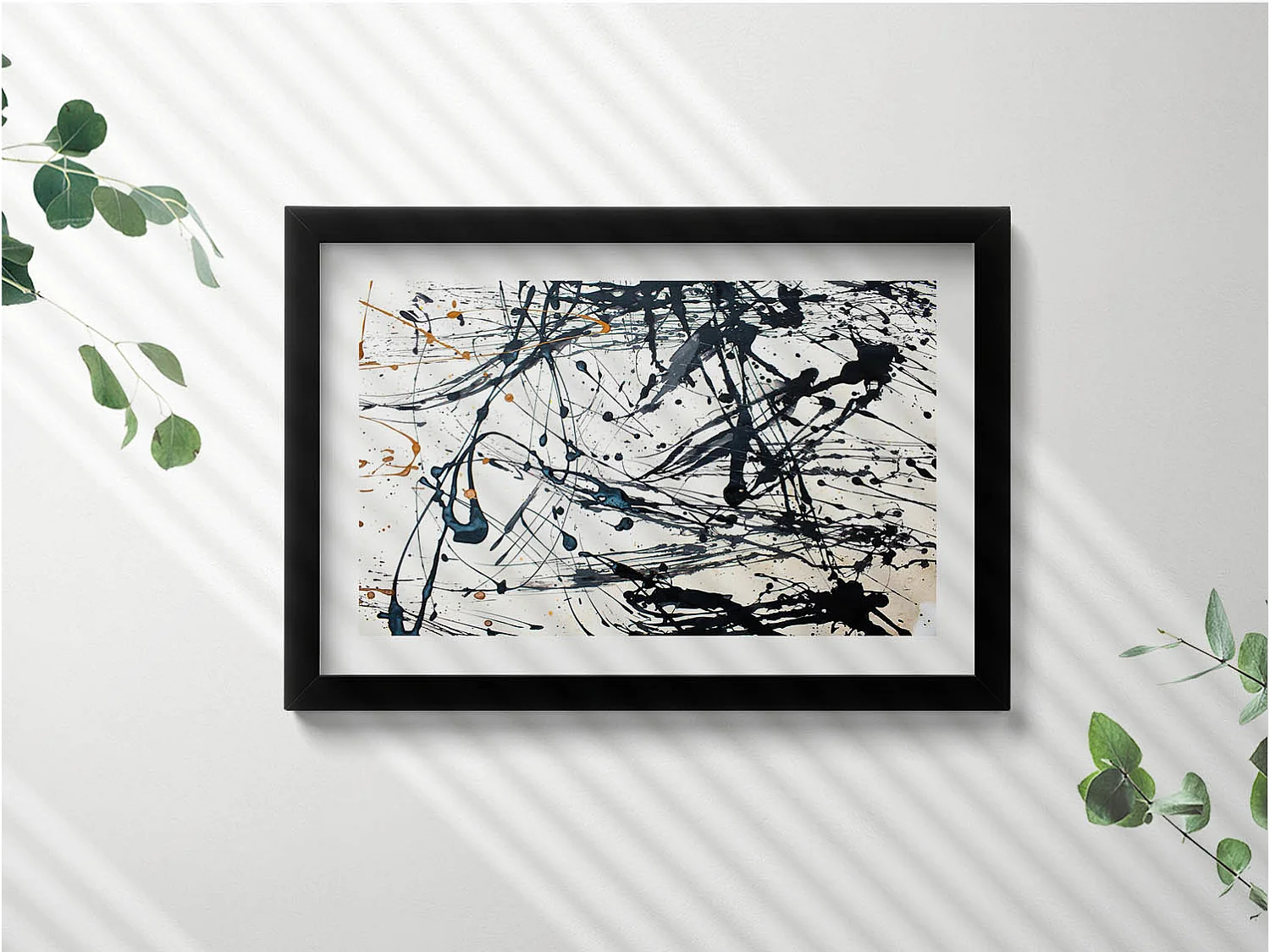 Tableau décoratif avec cadre noir, Abstraction minimaliste avec détails dorés 30 x 20 cm – Parfait pour le salon ou la chambre
