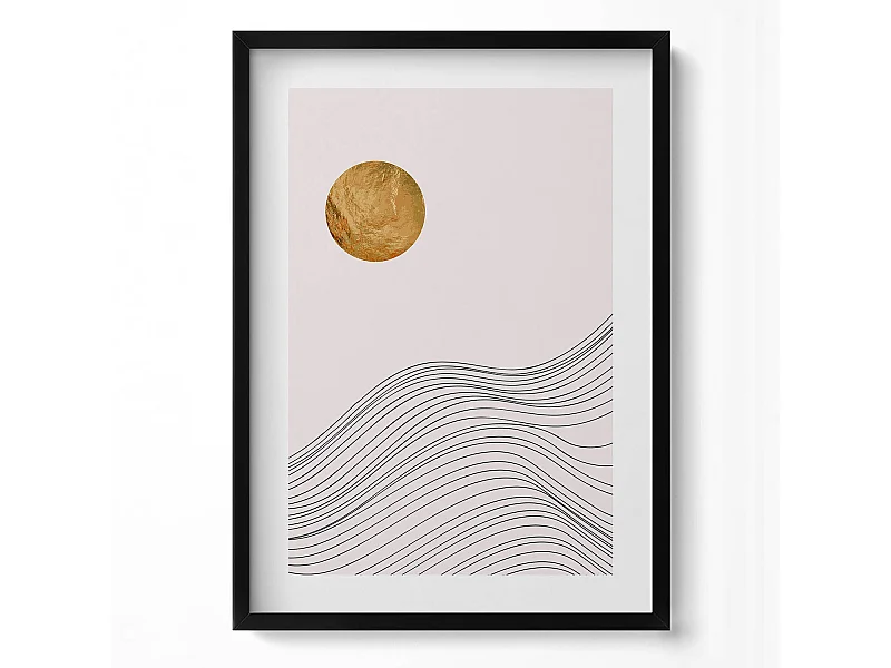 Dekoratives Gemälde mit schwarzem Rahmen, minimalistische Abstraktion mit goldenen Details 50 x 70 cm – perfekt für das Wohn- oder Schlafzimmer