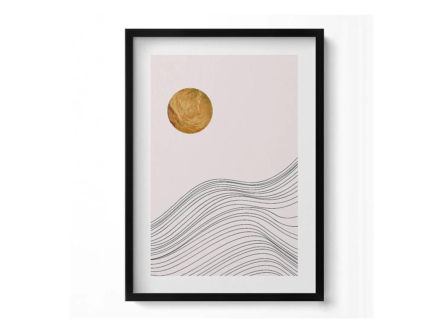 Tableau décoratif avec cadre noir, Abstraction minimaliste avec détails dorés 50 x 70 cm– Parfait pour le salon ou la chambre