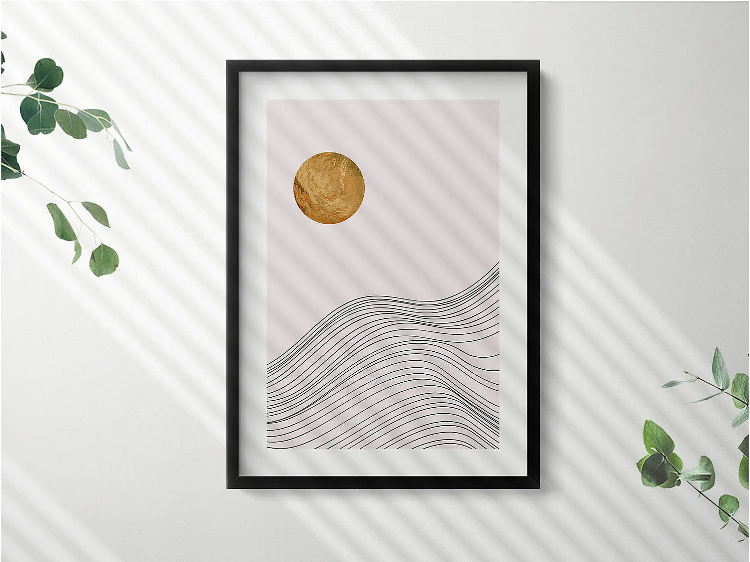 Cuadro decorativo con marco negro, Abstracción minimalista con detalles dorados 50 x 70 cm – Perfecto para el salón o el dormitorio