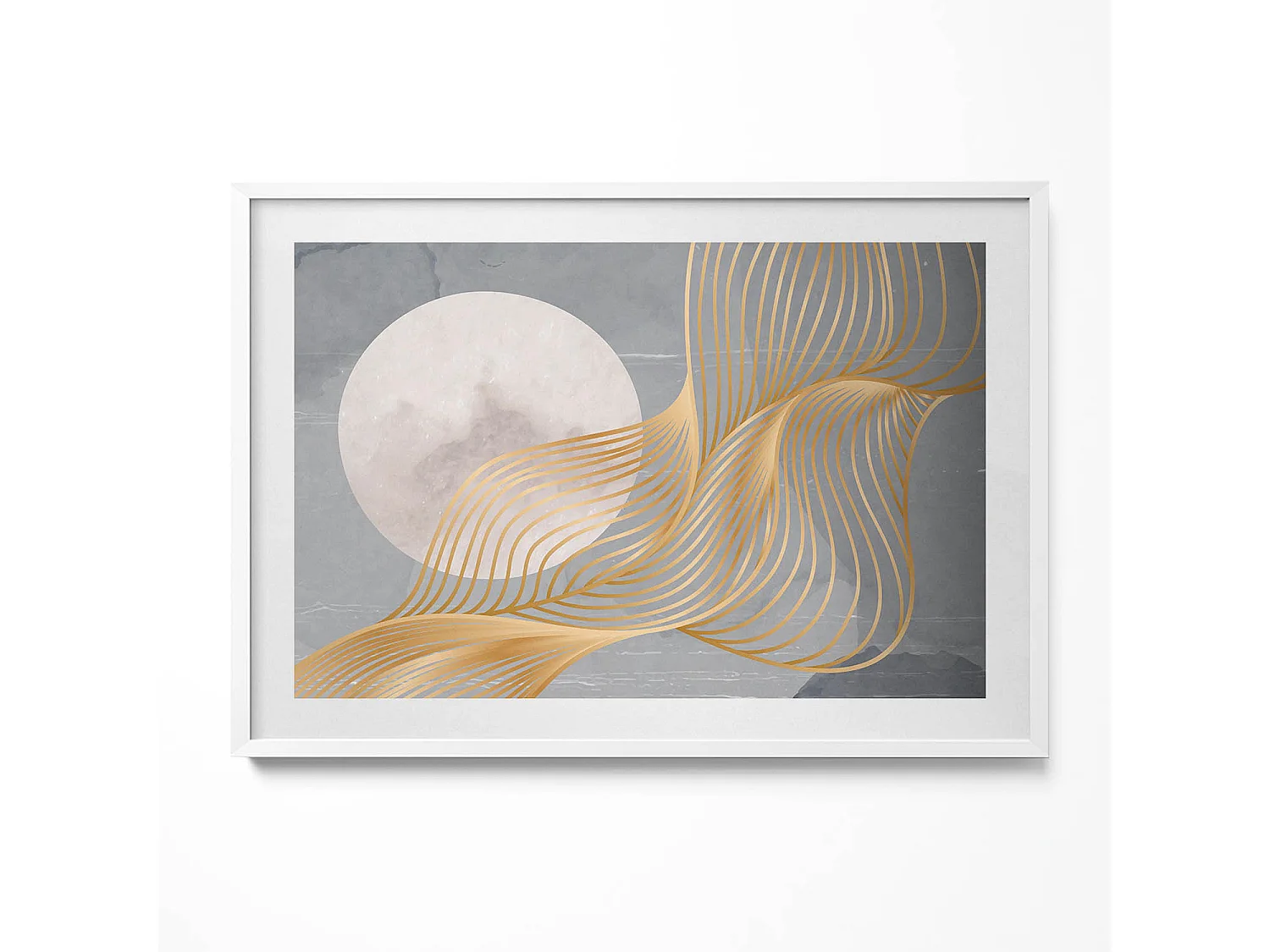 Dekoratives Gemälde mit weißem Rahmen, abstrakte Illustration des Mondes mit Gold 100 x 70 cm – perfekt für das Wohn- oder Schlafzimmer