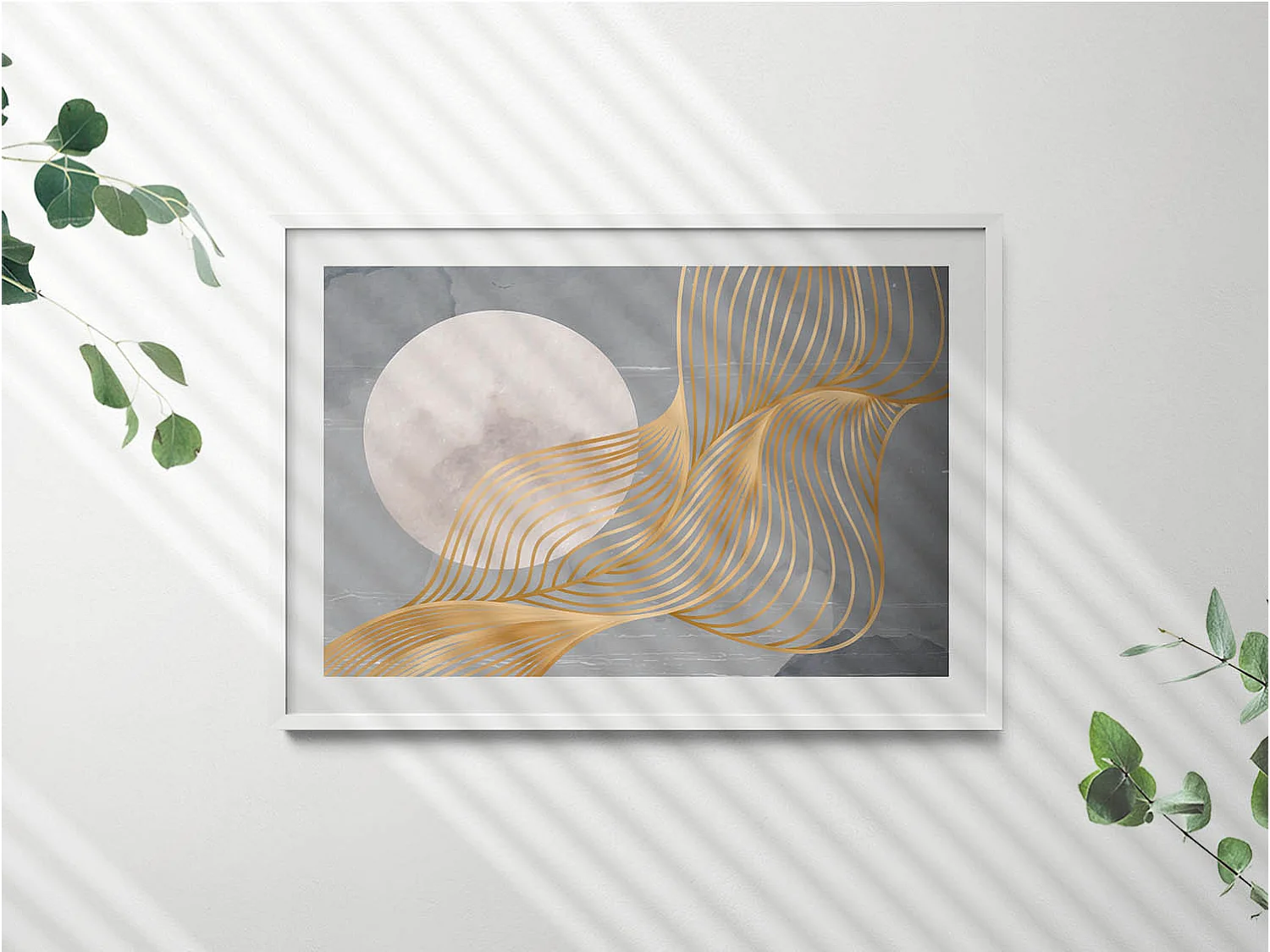 Dekoratives Gemälde mit weißem Rahmen, abstrakte Illustration des Mondes mit Gold 100 x 70 cm – perfekt für das Wohn- oder Schlafzimmer