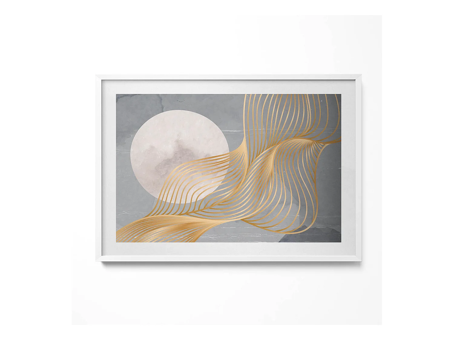 Tableau décoratif avec cadre blanc, Illustration abstraite de la lune avec de l'or 100 x 70 cm– Parfait pour le salon ou la chambre