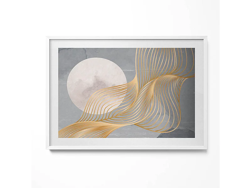 Dekoratives Gemälde mit weißem Rahmen, abstrakte Illustration des Mondes mit Gold 100 x 70 cm – perfekt für das Wohn- oder Schlafzimmer