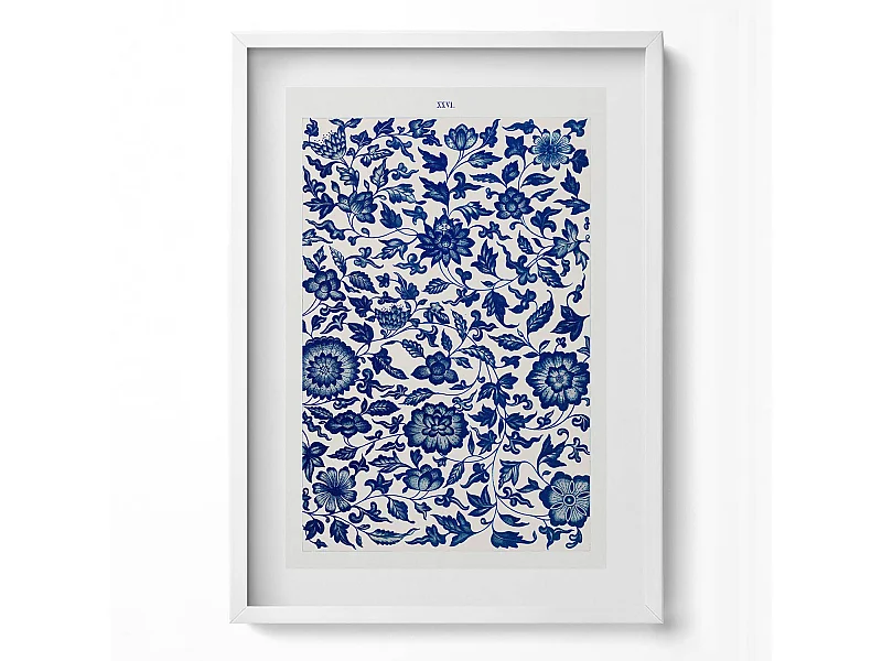 Dekoratives Gemälde mit weißem Rahmen, Vintage-Blumenmuster 50 x 70 cm – Perfekt für das Wohn- oder Schlafzimmer