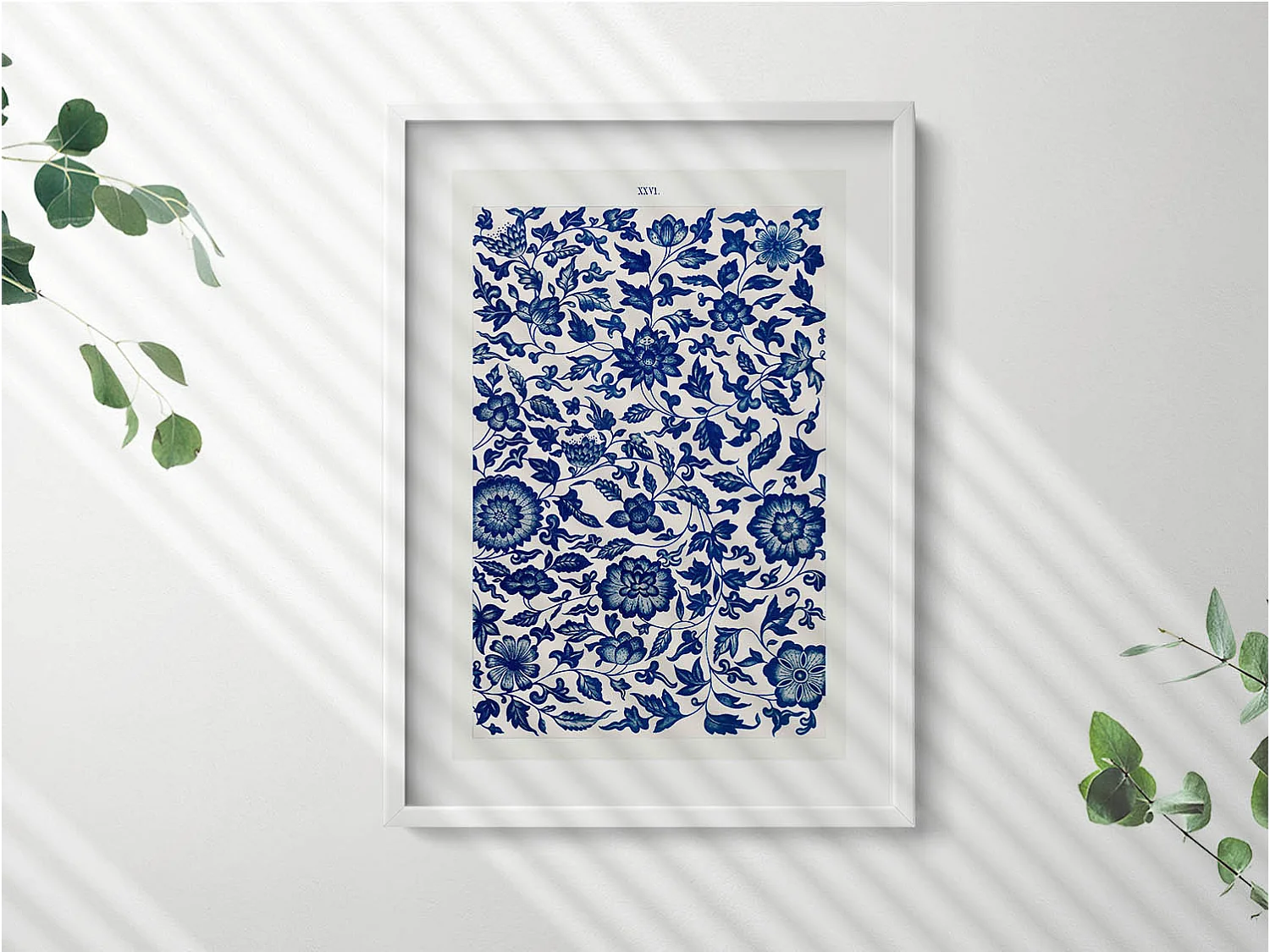 Tableau décoratif avec cadre blanc, Motif floral vintage 50 x 70 cm– Parfait pour le salon ou la chambre