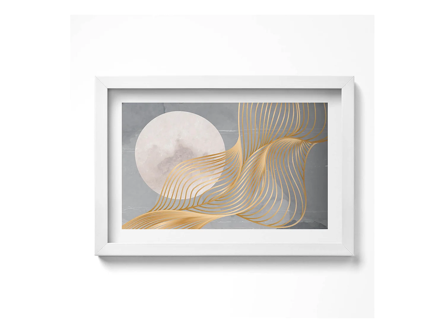 Tableau décoratif avec cadre blanc, Illustration abstraite de la lune avec de l'or 30 x 20 cm – Parfait pour le salon ou la chambre