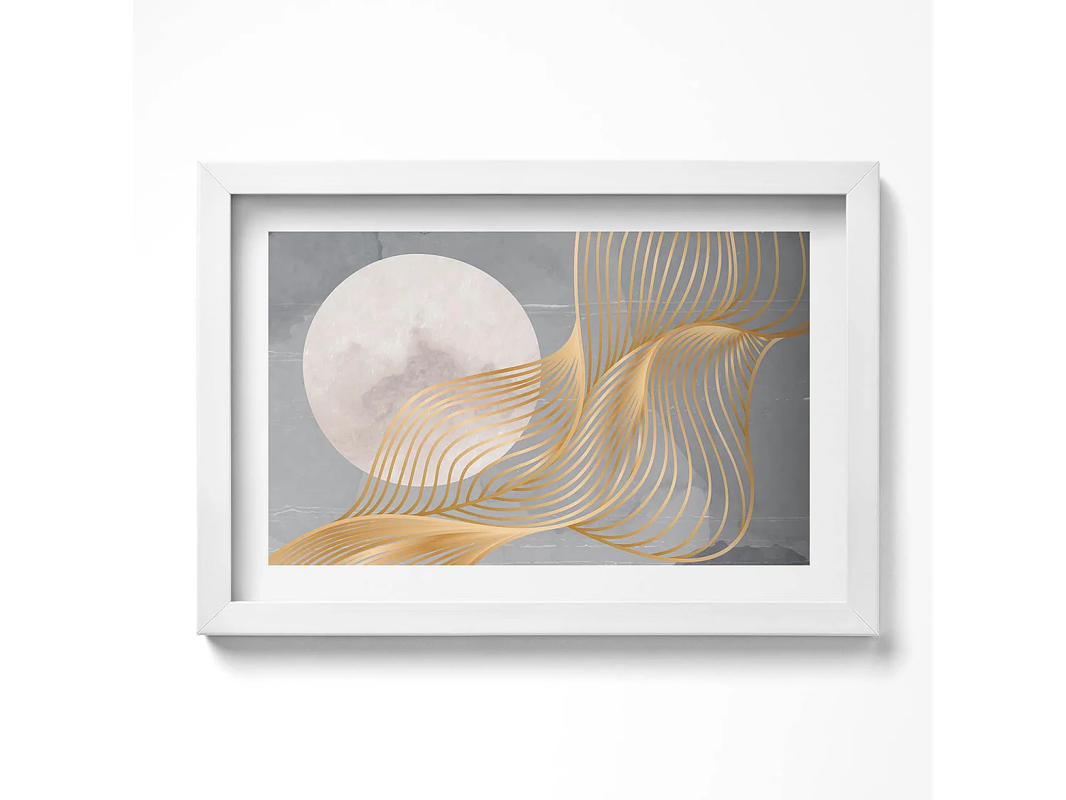 Dekoratives Gemälde mit weißem Rahmen, abstrakte Illustration des Mondes mit Gold 30 x 20 cm – perfekt für das Wohn- oder Schlafzimmer