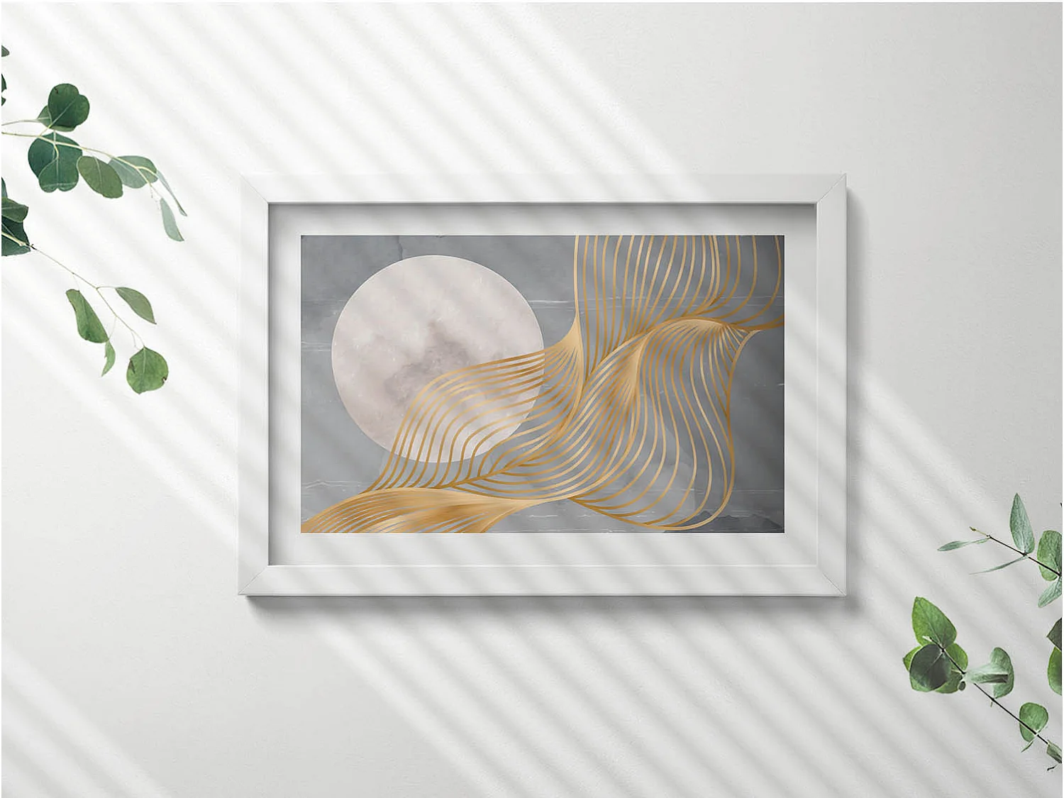 Dekoratives Gemälde mit weißem Rahmen, abstrakte Illustration des Mondes mit Gold 30 x 20 cm – perfekt für das Wohn- oder Schlafzimmer