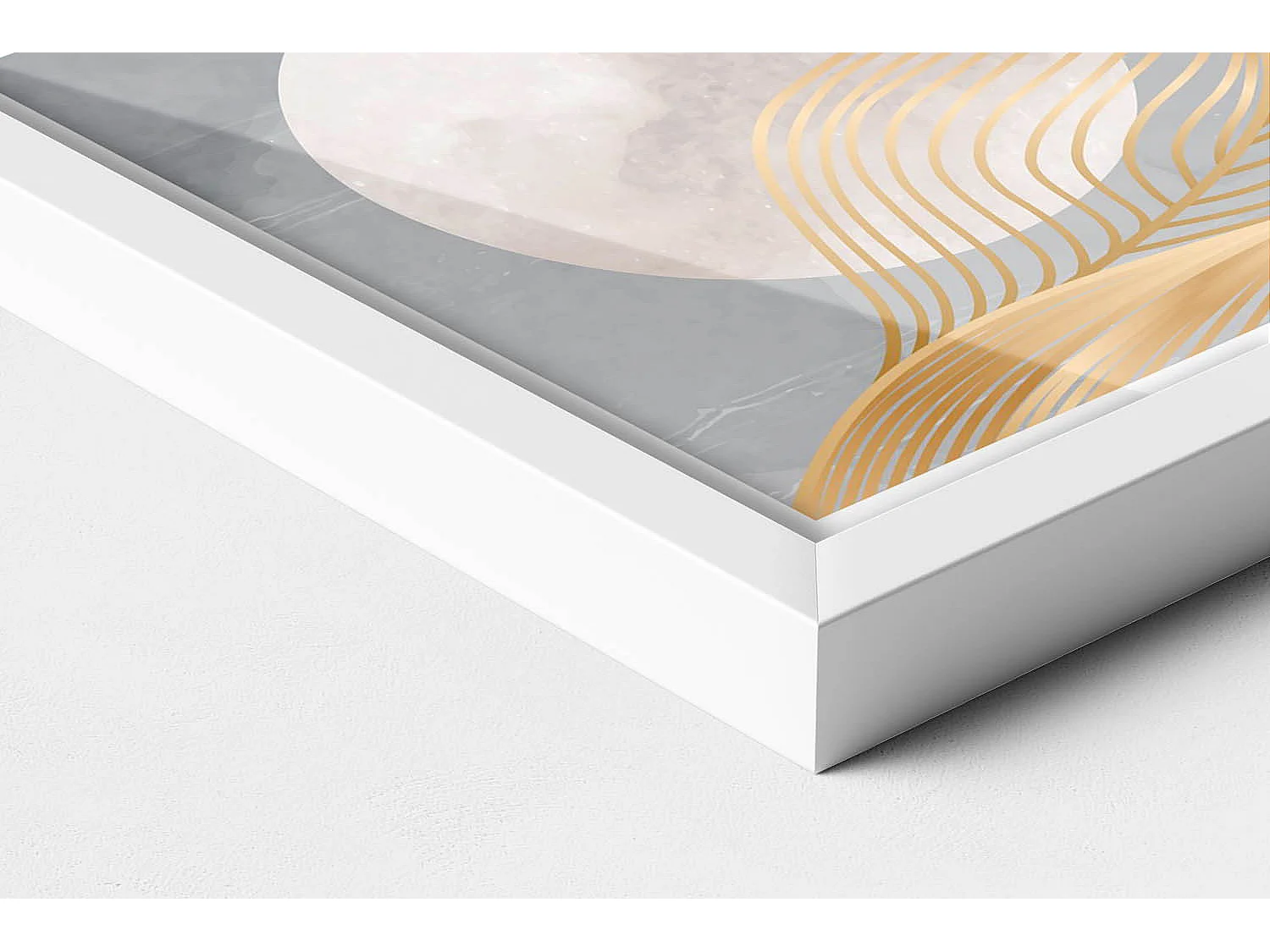 Dekoratives Gemälde mit weißem Rahmen, abstrakte Illustration des Mondes mit Gold 30 x 20 cm – perfekt für das Wohn- oder Schlafzimmer