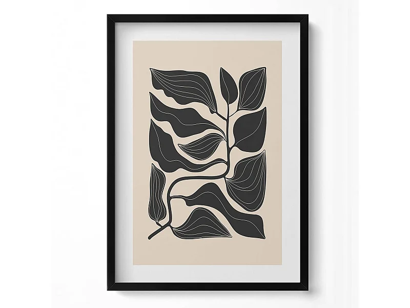 Dekoratives Gemälde mit schwarzem Rahmen, minimalistische Pflanzen 50 x 70 cm – perfekt für das Wohn- oder Schlafzimmer