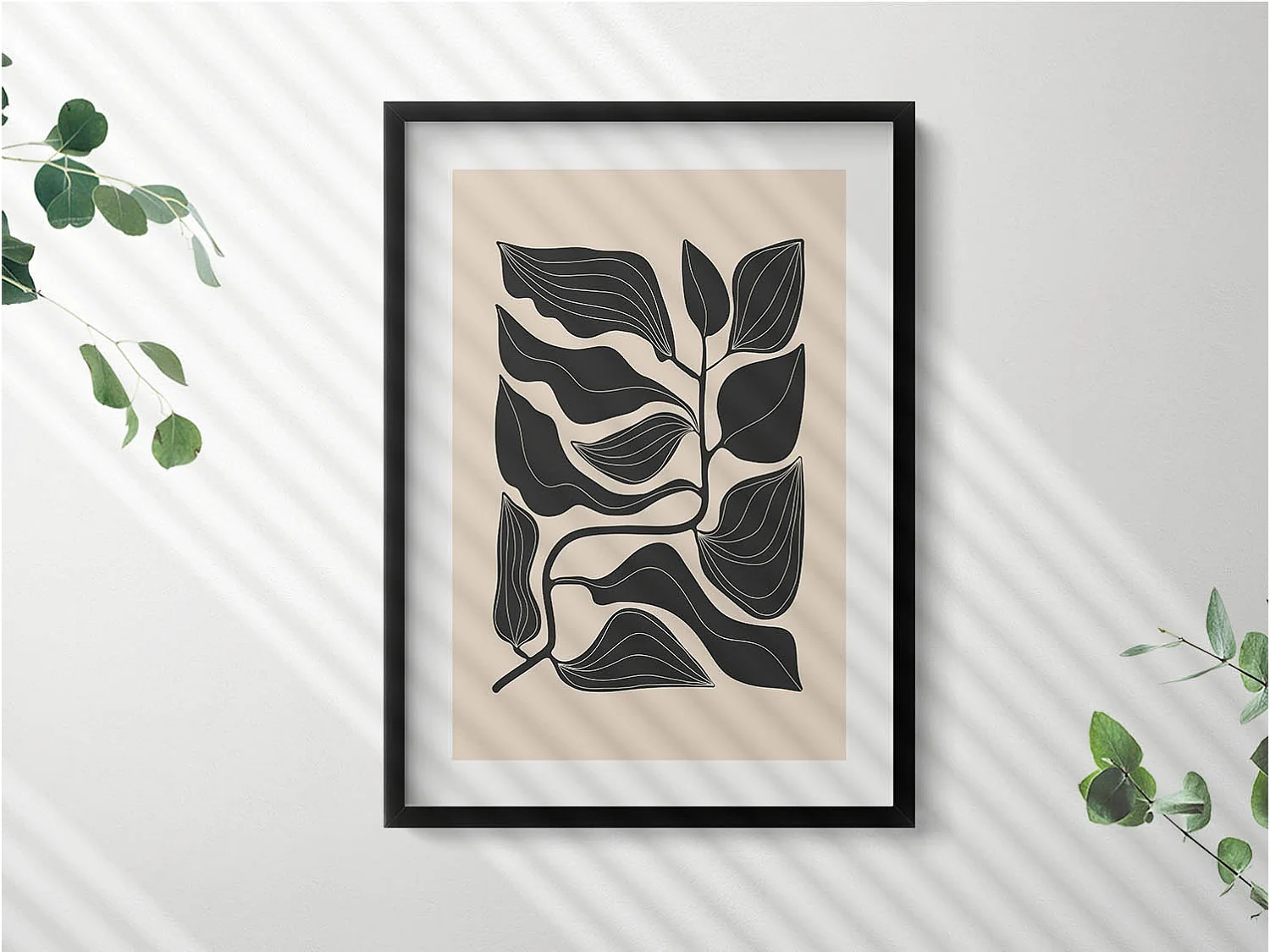 Tableau décoratif avec cadre noir, Plantes minimalistes 50 x 70 cm– Parfait pour le salon ou la chambre