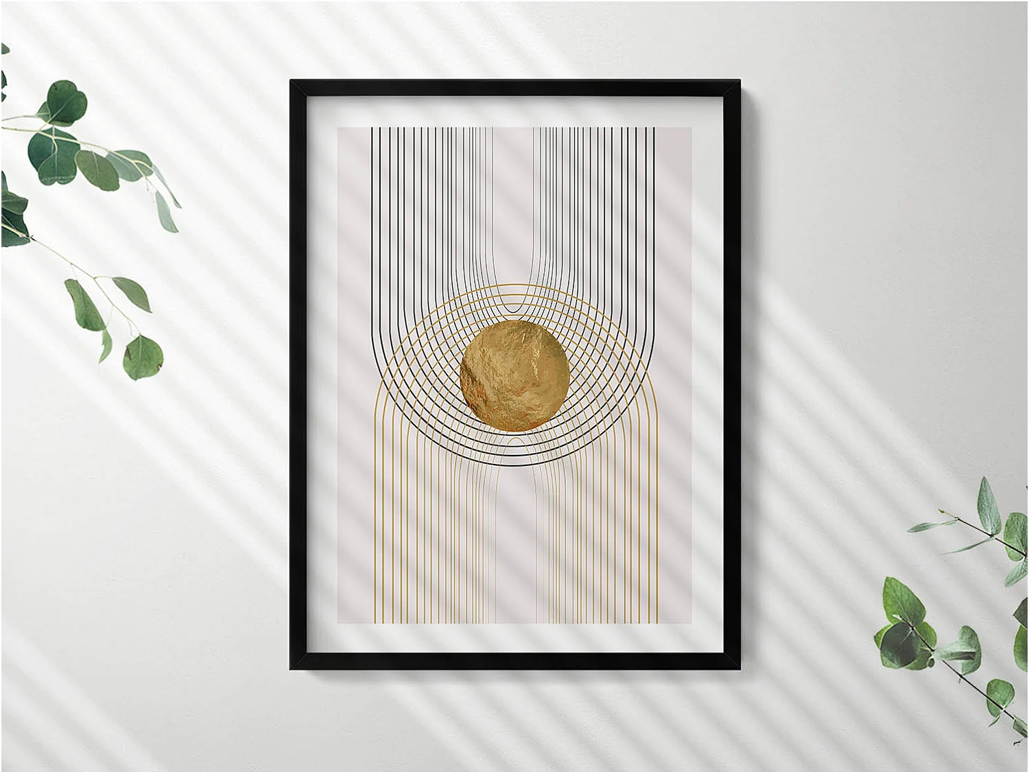 Dekoratives Gemälde mit schwarzem Rahmen, fließende goldene Formen auf beigem Hintergrund, 60 x 80 cm – perfekt für das Wohn- oder Schlafzimmer