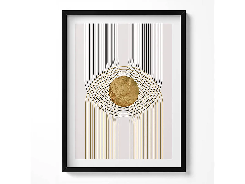 Dekoratives Gemälde mit schwarzem Rahmen, fließende goldene Formen auf beigem Hintergrund, 60 x 80 cm – perfekt für das Wohn- oder Schlafzimmer