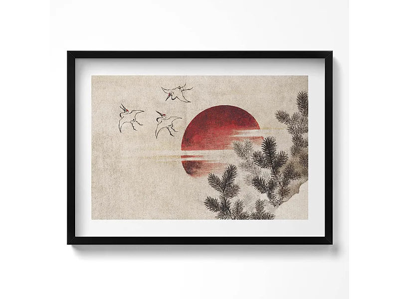 Dekoratives Gemälde mit schwarzem Rahmen, japanische Kunst der untergehenden Sonne 70 x 50 cm – Perfekt für das Wohn- oder Schlafzimmer