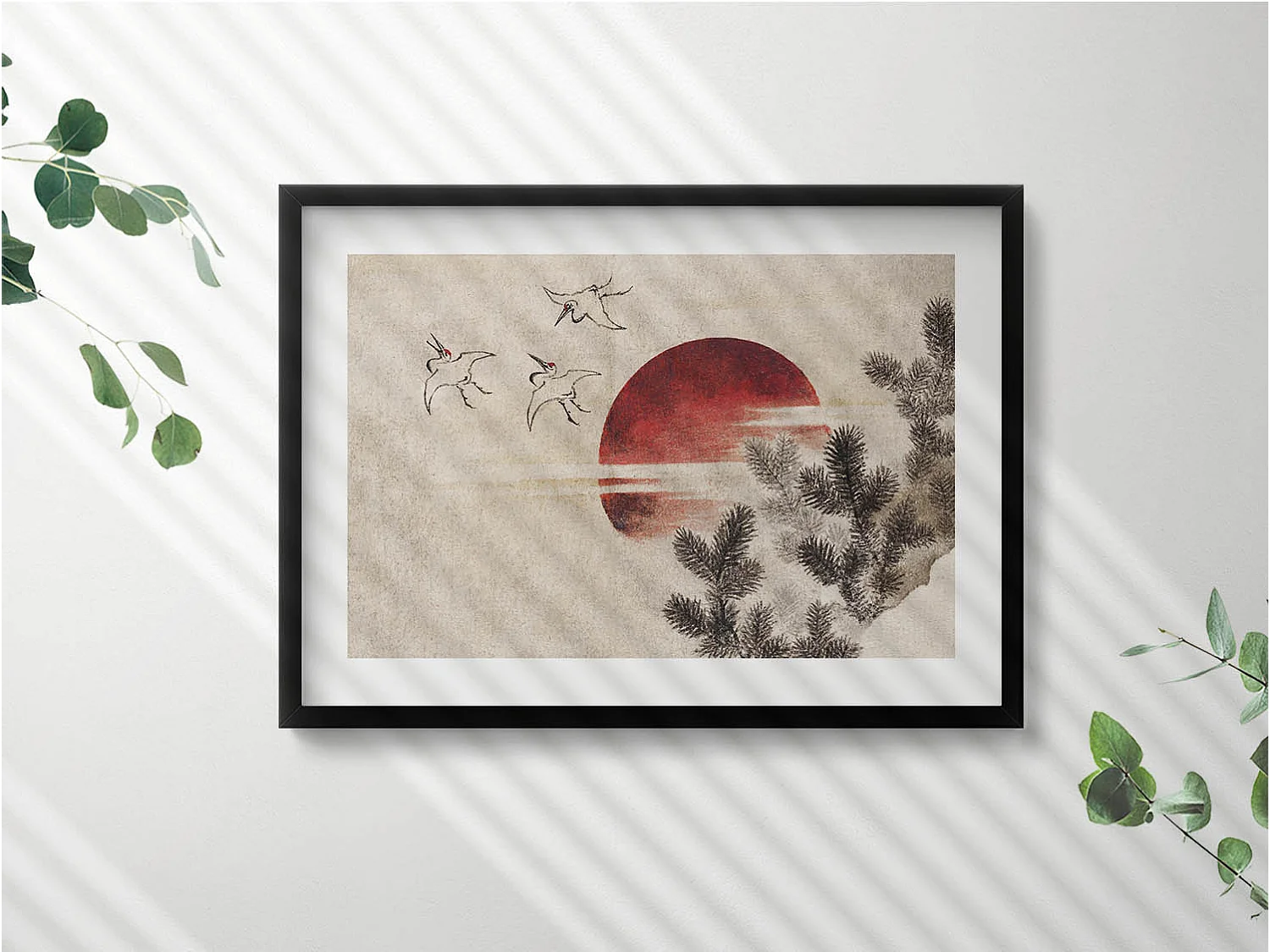 Dekoratives Gemälde mit schwarzem Rahmen, japanische Kunst der untergehenden Sonne 70 x 50 cm – Perfekt für das Wohn- oder Schlafzimmer