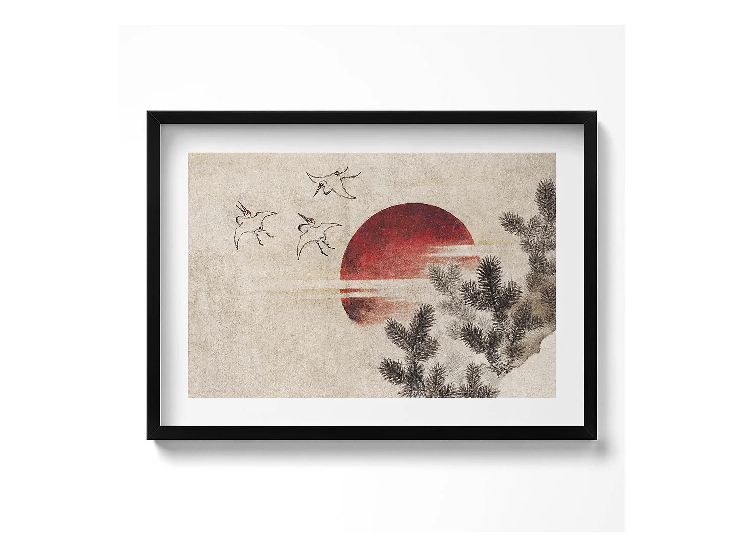 Tableau décoratif avec cadre noir, Art japonais du soleil couchant 70 x 50 cm– Parfait pour le salon ou la chambre