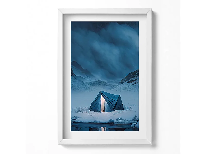 Dekoratives Gemälde mit weißem Rahmen, Zelt in den Bergen Islands 40 x 60 cm – Perfekt für das Wohn- oder Schlafzimmer