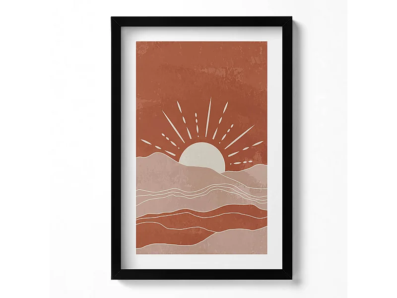 Tableau décoratif avec cadre noir, Illustration du soleil levant 40 x 60 cm– Parfait pour le salon ou la chambre