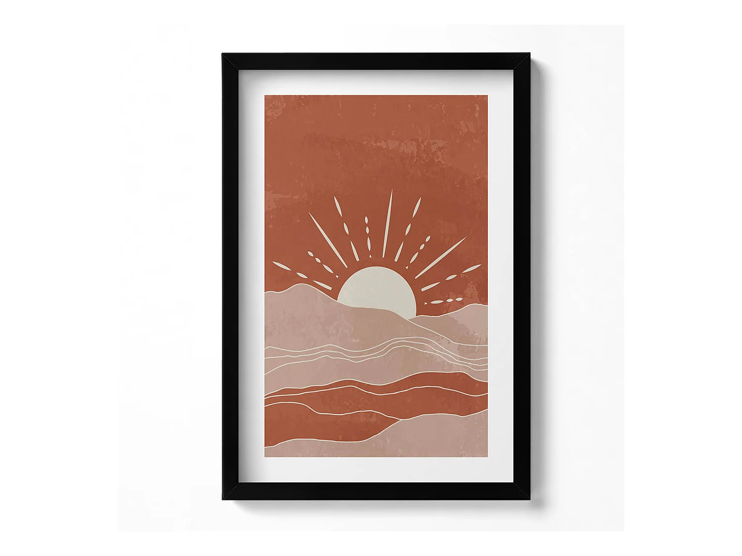 Tableau décoratif avec cadre noir, Illustration du soleil levant 40 x 60 cm– Parfait pour le salon ou la chambre