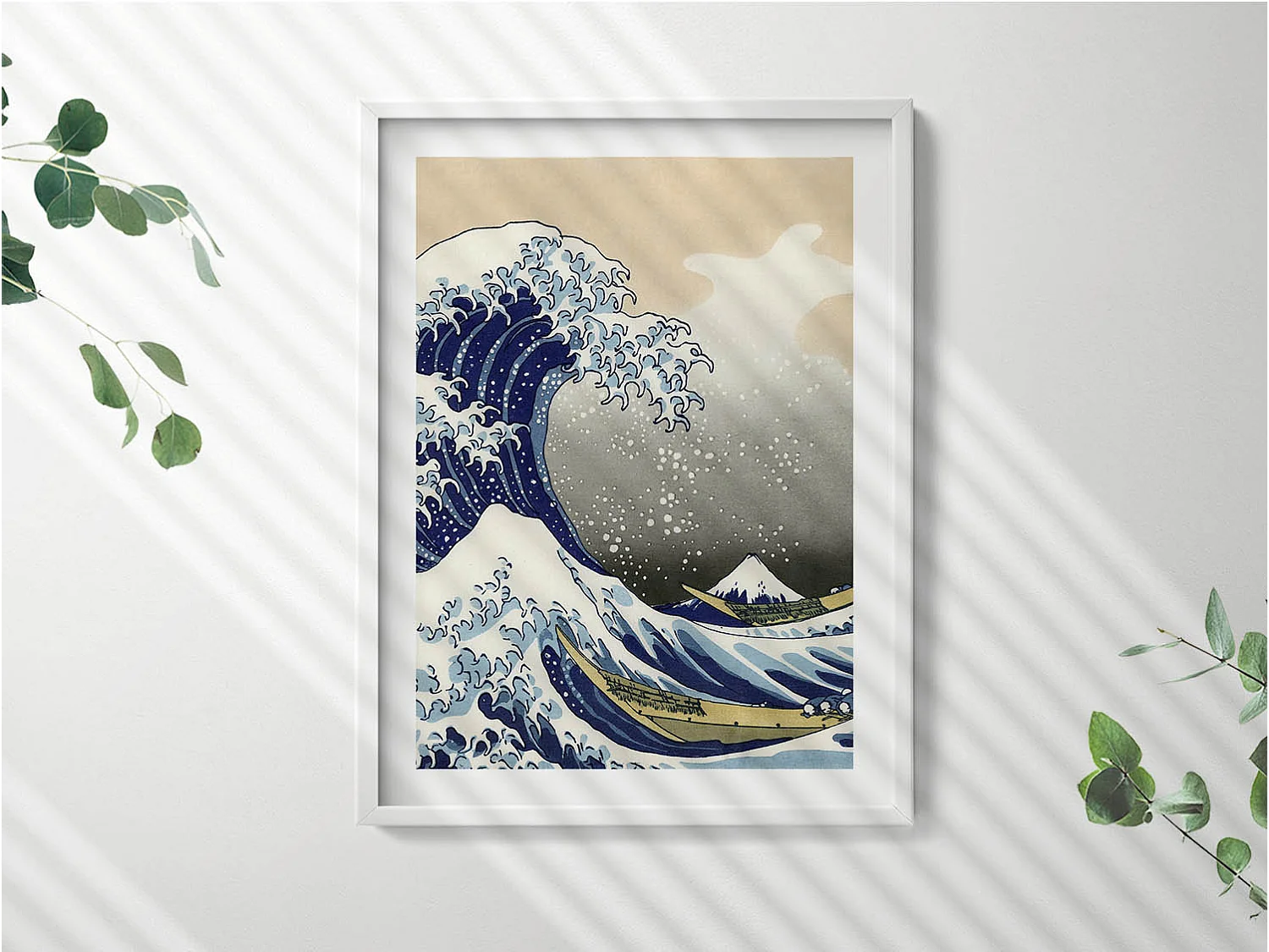 Tableau décoratif avec cadre blanc, Grosse vague à Kanagawa 60 x 80 cm– Parfait pour le salon ou la chambre