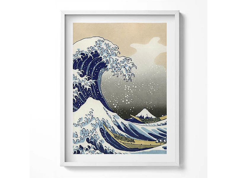 Dekoratives Gemälde mit weißem Rahmen, Große Welle in Kanagawa 60 x 80 cm – Perfekt für das Wohn- oder Schlafzimmer