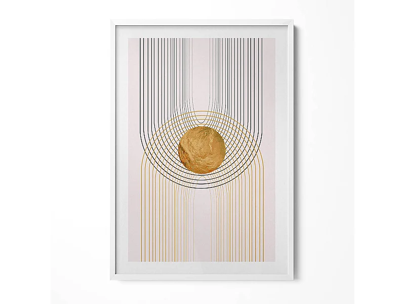 Decoratief schilderij met witte lijst, vloeiende gouden vormen op beige achtergrond 70 x 100 cm – Perfect voor de woon- of slaapkamer