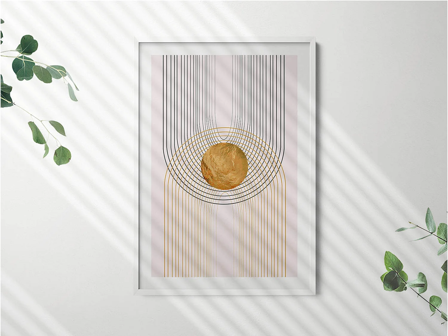 Decoratief schilderij met witte lijst, vloeiende gouden vormen op beige achtergrond 70 x 100 cm – Perfect voor de woon- of slaapkamer