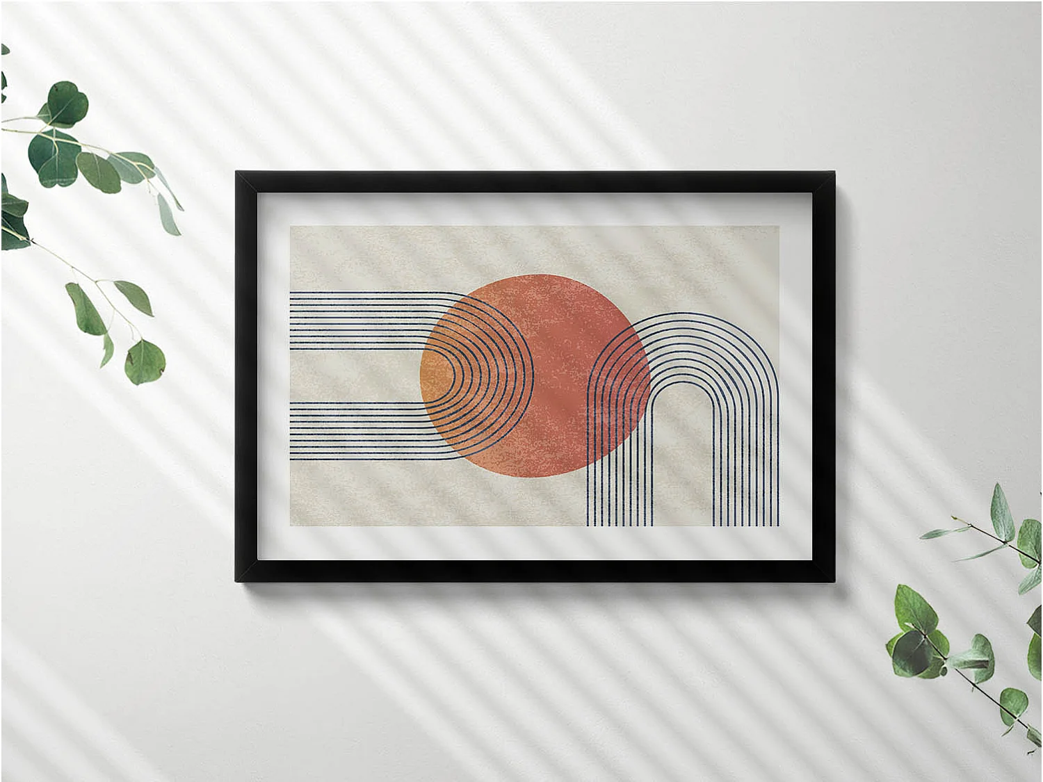 Dekoratives Gemälde mit schwarzem Rahmen, Linien und Kreis moderner Kunst 60 x 40 cm – Perfekt für das Wohn- oder Schlafzimmer