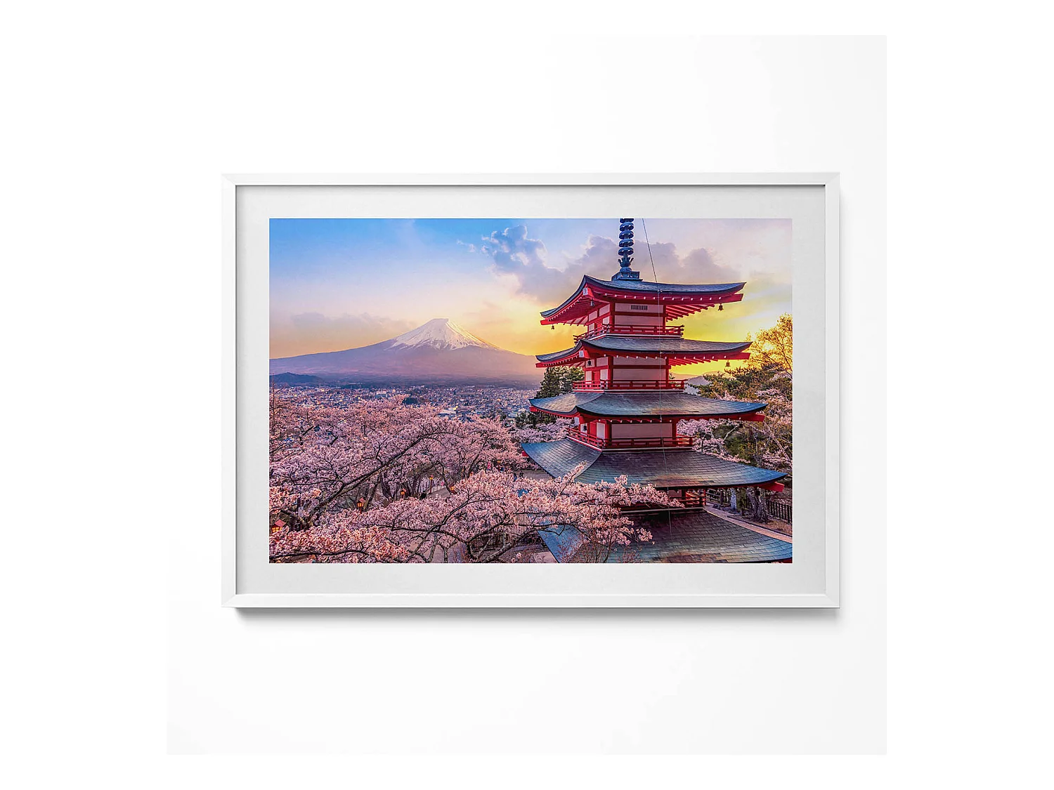 Tableau décoratif avec cadre blanc, construction japonaise 100 x 70 cm– Parfait pour le salon ou la chambre