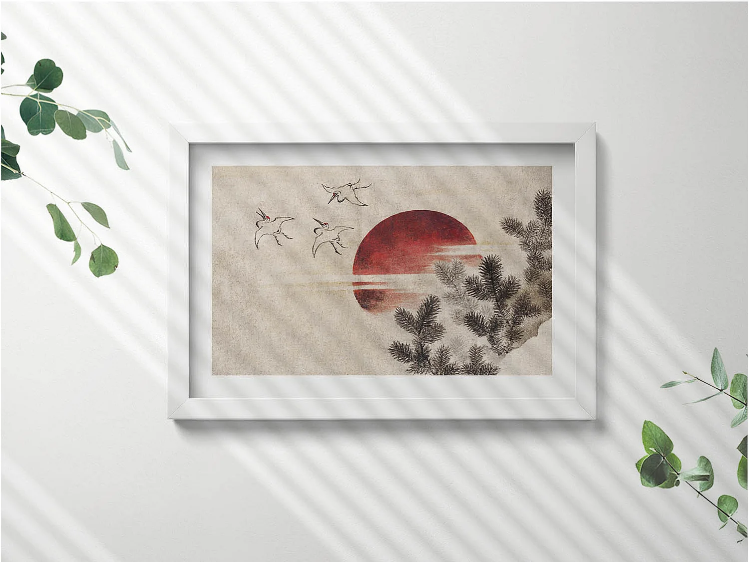 Cuadro decorativo con marco blanco, Arte japonés del sol poniente 30 x 20 cm - Perfecto para el salón o el dormitorio