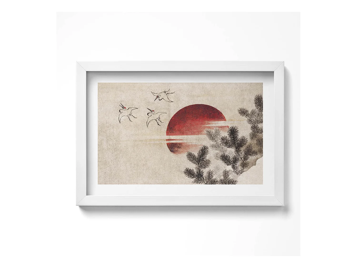 Tableau décoratif avec cadre blanc, Art japonais du soleil couchant 30 x 20 cm – Parfait pour le salon ou la chambre