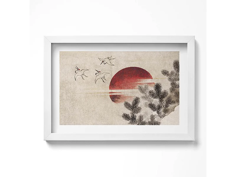 Dekoratives Gemälde mit weißem Rahmen, japanische Kunst der untergehenden Sonne 30 x 20 cm – Perfekt für das Wohn- oder Schlafzimmer