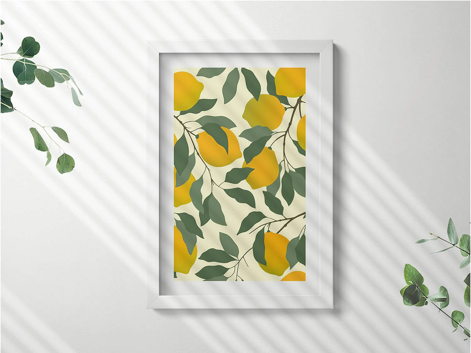 Dekoratives Gemälde mit weißem Rahmen, Illustration von Zitronen 20 x 30 cm – Perfekt für das Wohn- oder Schlafzimmer