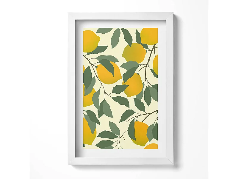 Dekoratives Gemälde mit weißem Rahmen, Illustration von Zitronen 20 x 30 cm – Perfekt für das Wohn- oder Schlafzimmer