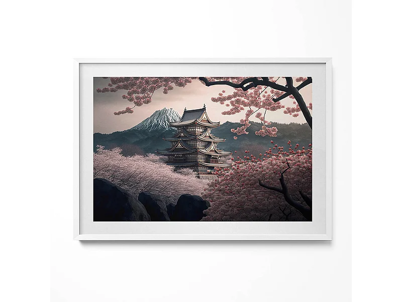 Tableau décoratif avec cadre blanc, Tour asiatique et fleurs de cerisier 100 x 70 cm– Parfait pour le salon ou la chambre