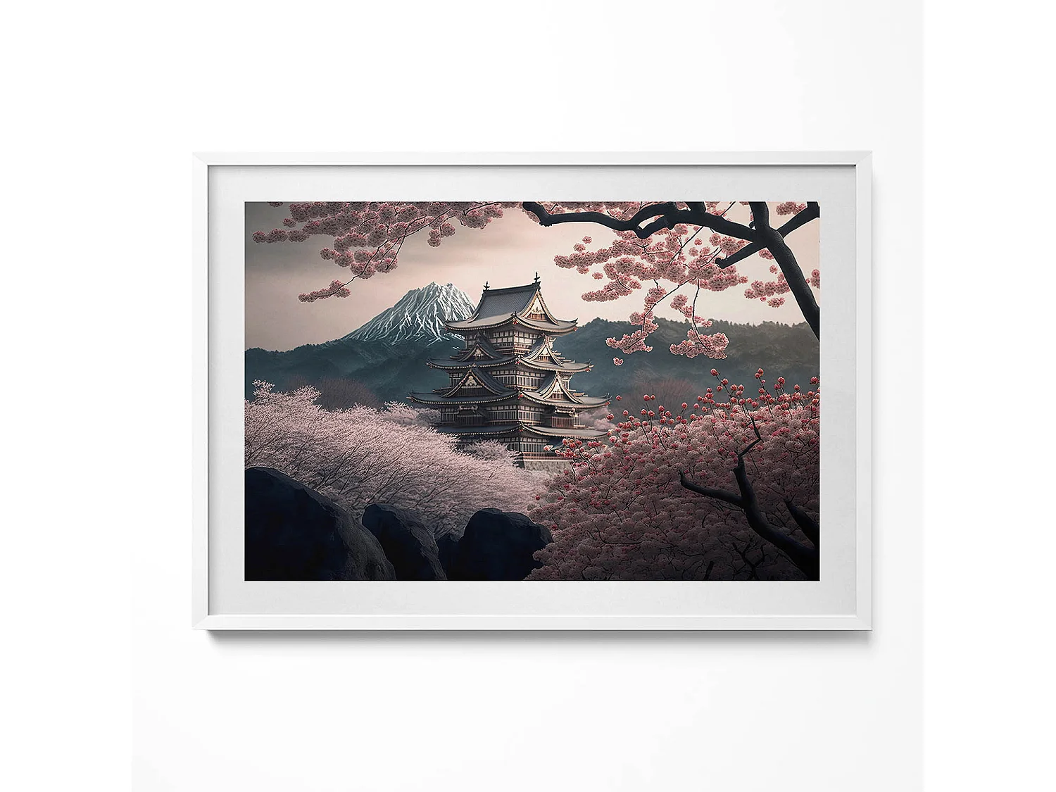 Dekoratives Gemälde mit weißem Rahmen, asiatischem Turm und Kirschblüten 100 x 70 cm – Perfekt für das Wohn- oder Schlafzimmer