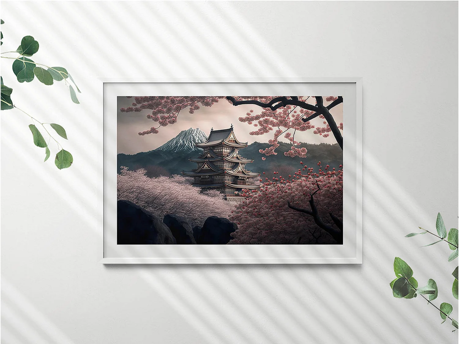 Dekoratives Gemälde mit weißem Rahmen, asiatischem Turm und Kirschblüten 100 x 70 cm – Perfekt für das Wohn- oder Schlafzimmer
