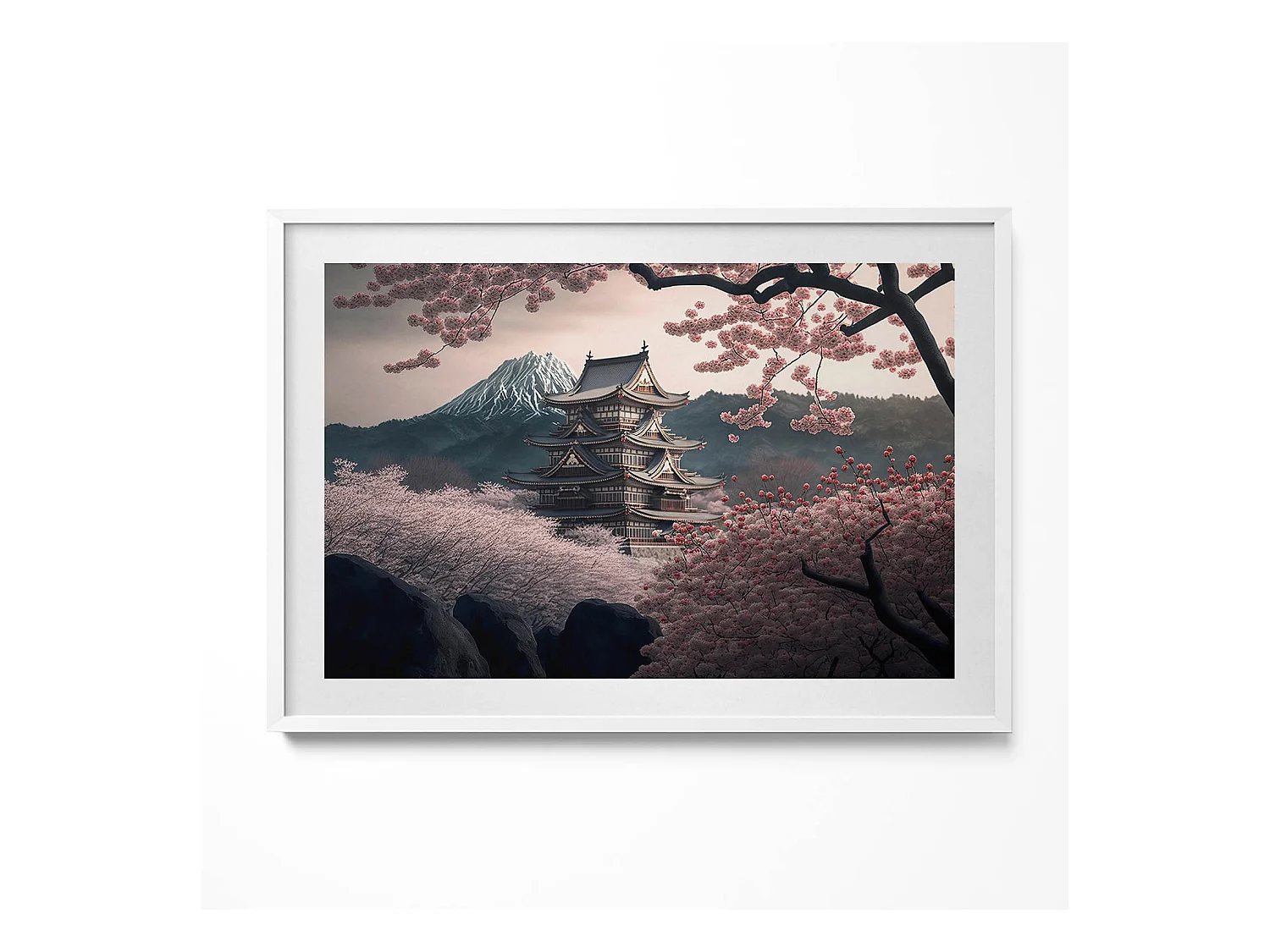 Tableau décoratif avec cadre blanc, Tour asiatique et fleurs de cerisier 100 x 70 cm– Parfait pour le salon ou la chambre