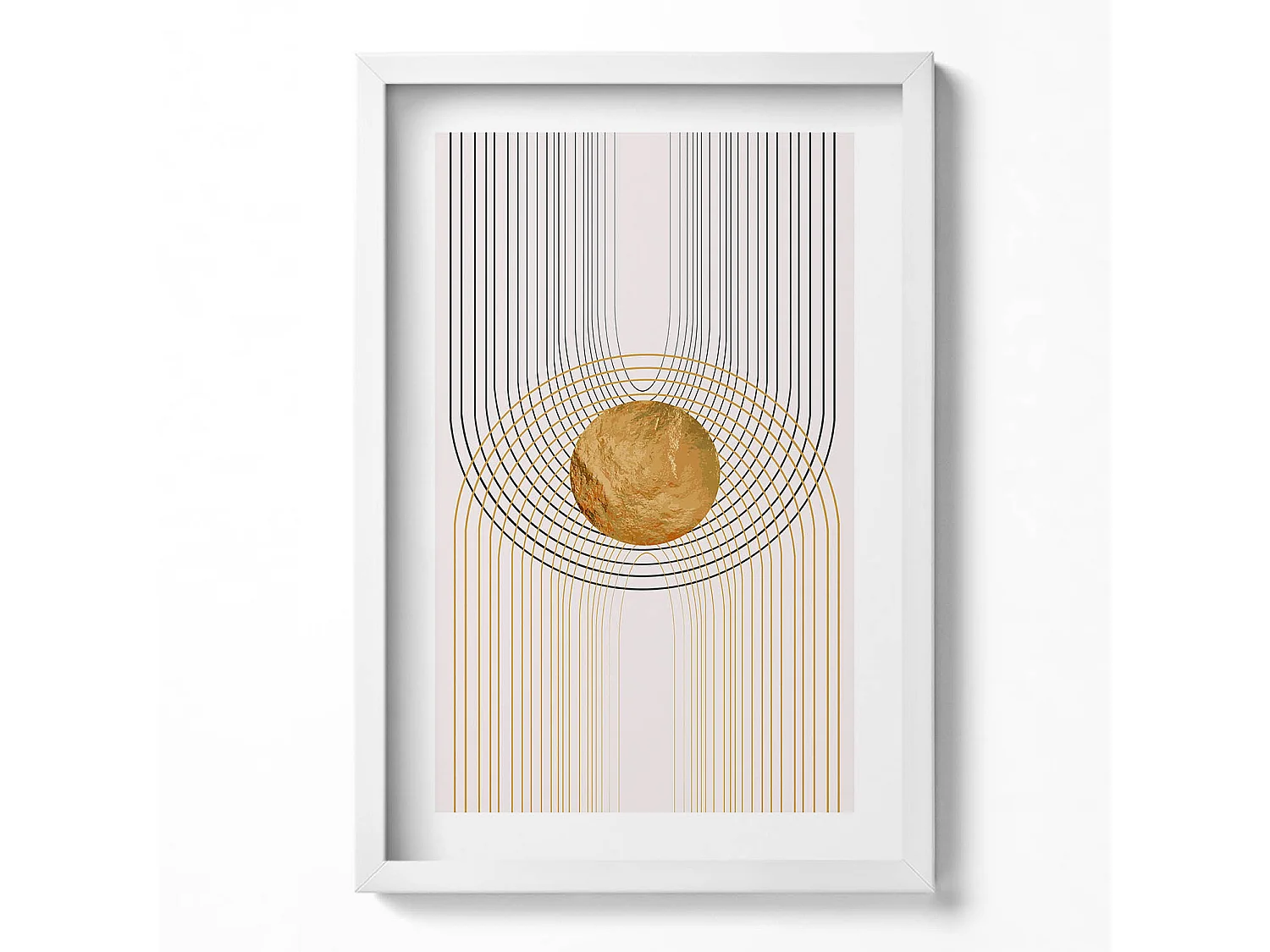 Dekoratives Gemälde mit weißem Rahmen, fließende goldene Formen auf beigem Hintergrund, 40 x 60 cm – perfekt für das Wohn- oder Schlafzimmer