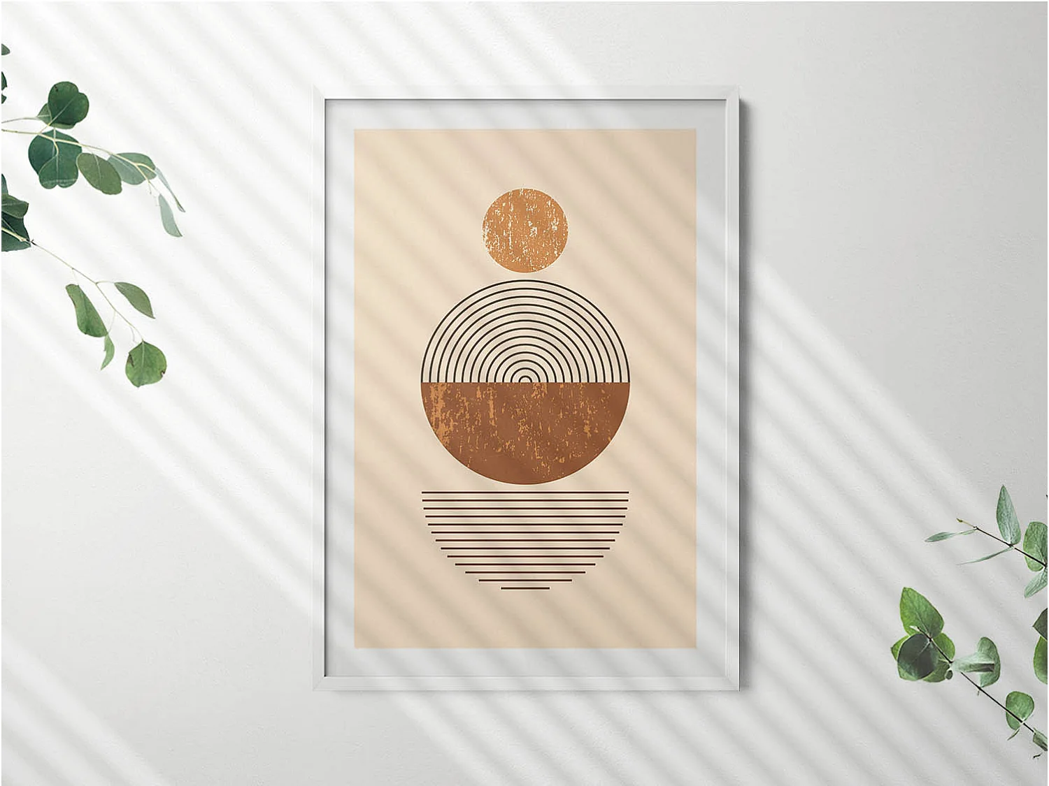 Dekoratives Gemälde mit weißem Rahmen, geometrische Kunst im Bohème-Stil 70 x 100 cm – perfekt für das Wohn- oder Schlafzimmer