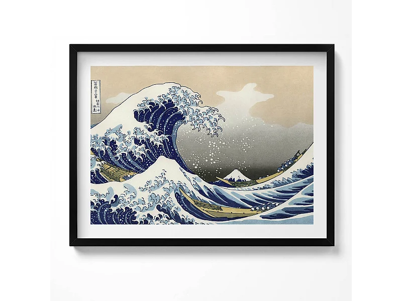 Dekoratives Gemälde mit schwarzem Rahmen, Große Welle in Kanagawa 80 x 60 cm – Perfekt für das Wohn- oder Schlafzimmer