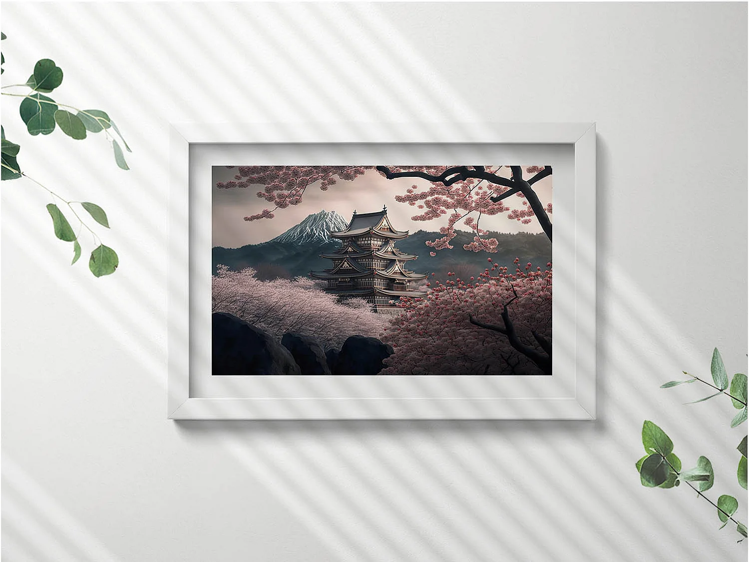 Tableau décoratif avec cadre blanc, Tour asiatique et fleurs de cerisier 30 x 20 cm – Parfait pour le salon ou la chambre