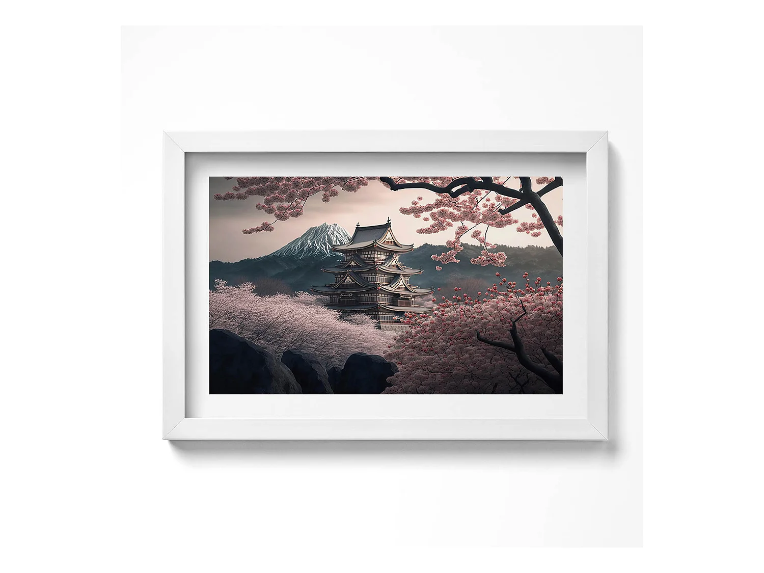 Tableau décoratif avec cadre blanc, Tour asiatique et fleurs de cerisier 30 x 20 cm – Parfait pour le salon ou la chambre