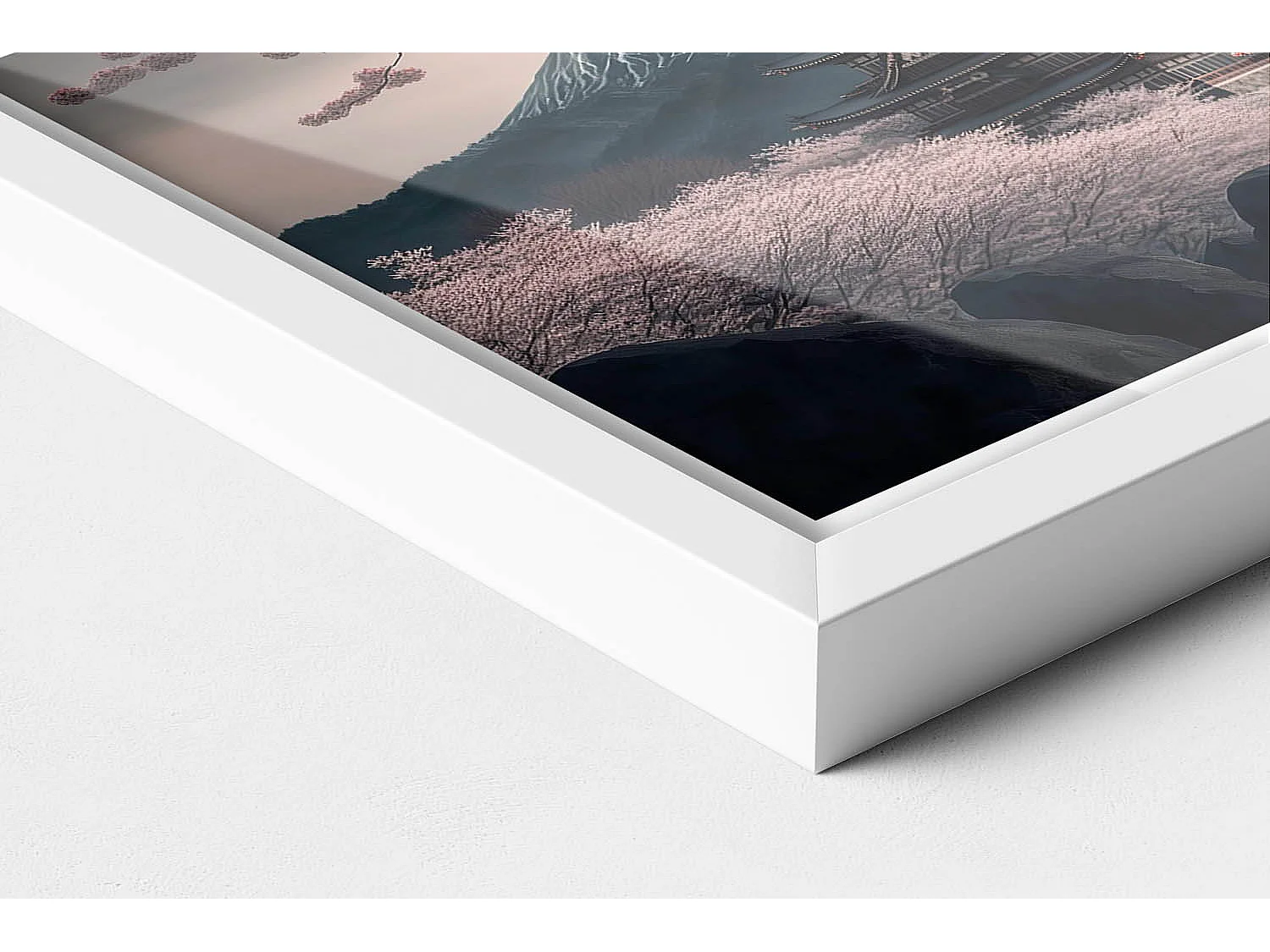 Tableau décoratif avec cadre blanc, Tour asiatique et fleurs de cerisier 30 x 20 cm – Parfait pour le salon ou la chambre