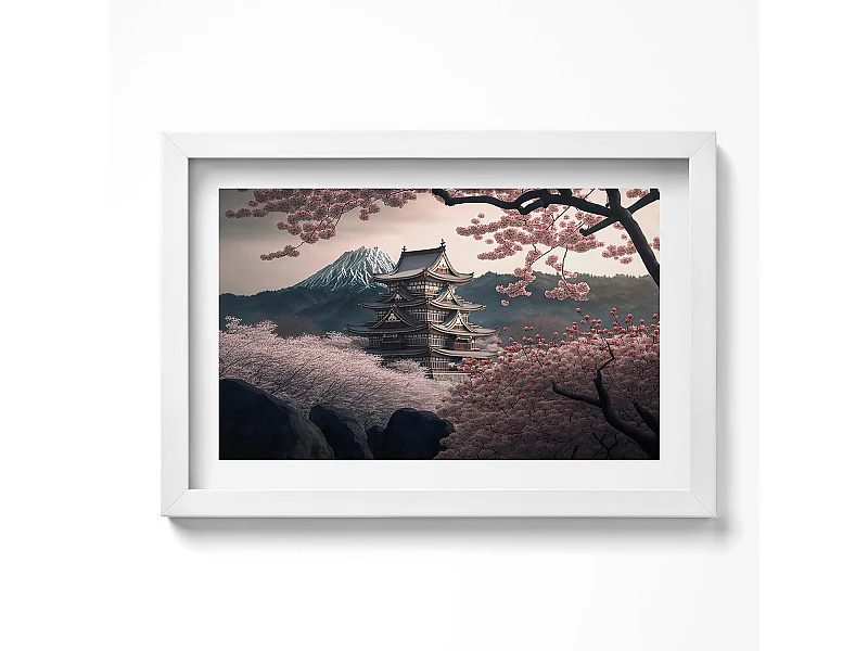 Dekoratives Gemälde mit weißem Rahmen, Asiatischer Turm und Kirschblüten 30 x 20 cm – Perfekt für das Wohn- oder Schlafzimmer