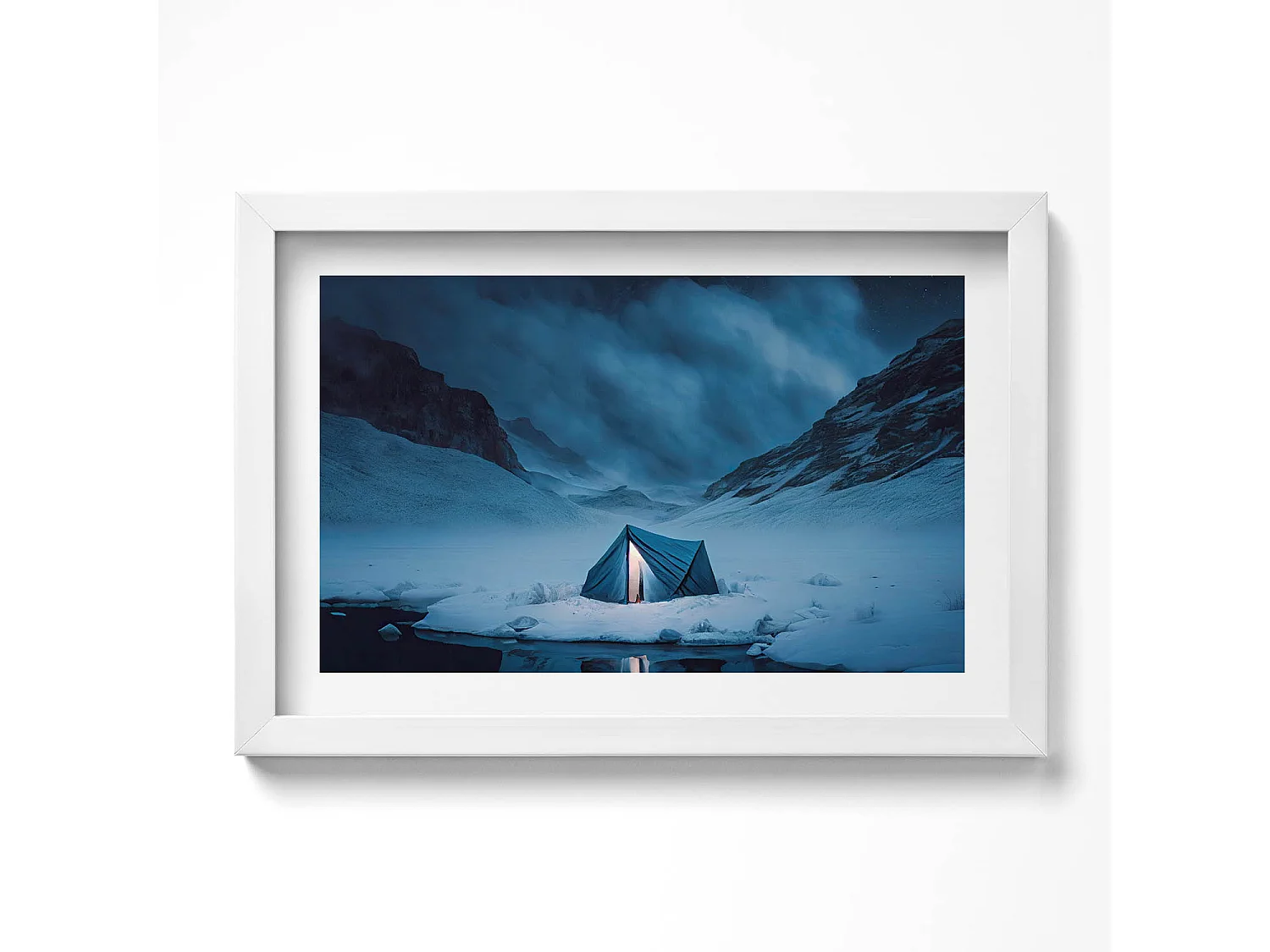 Tableau décoratif avec cadre blanc, Tente dans les montagnes d'Islande 30 x 20 cm – Parfait pour le salon ou la chambre